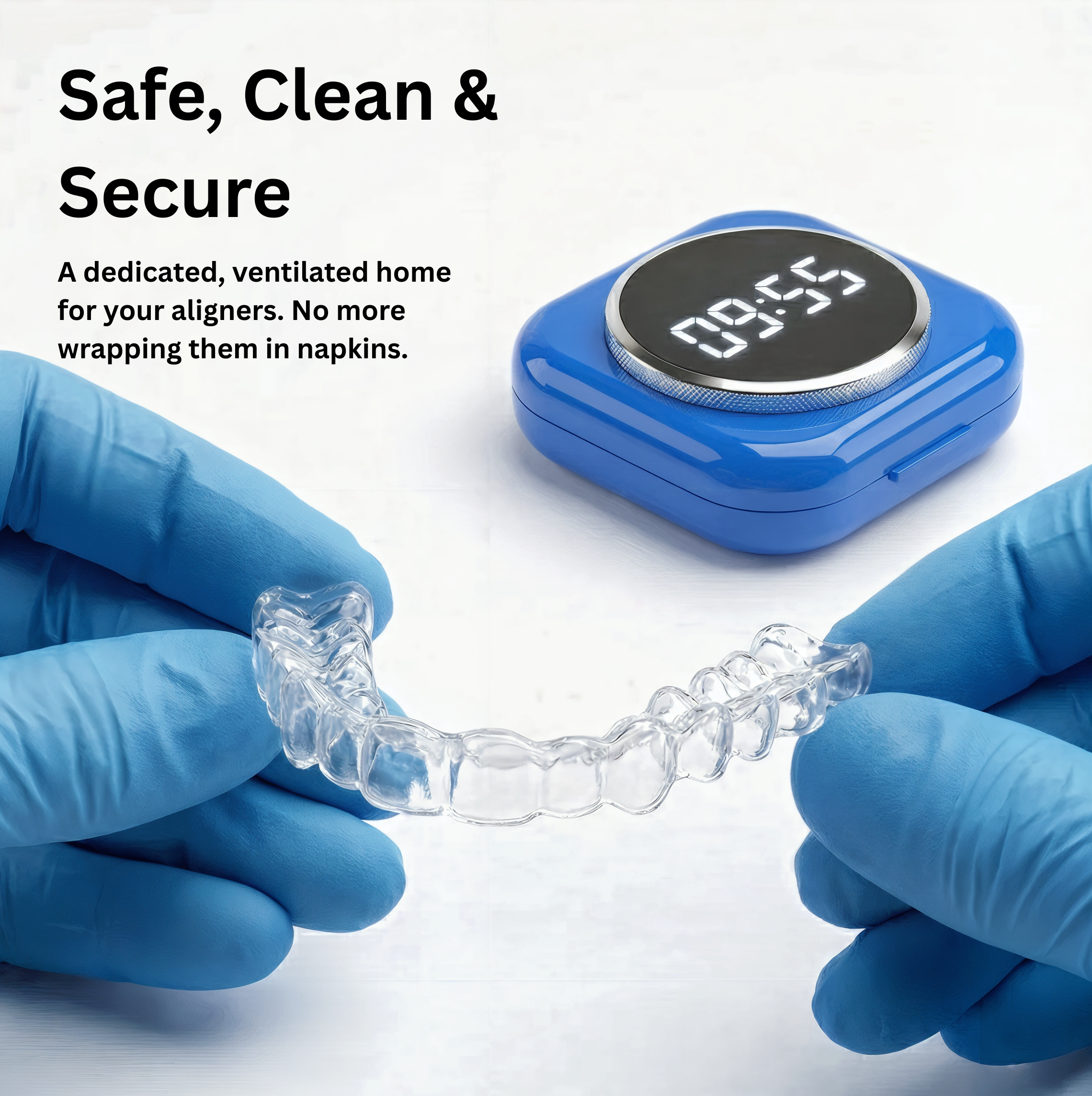 Clear aligner placed in a clean protective case